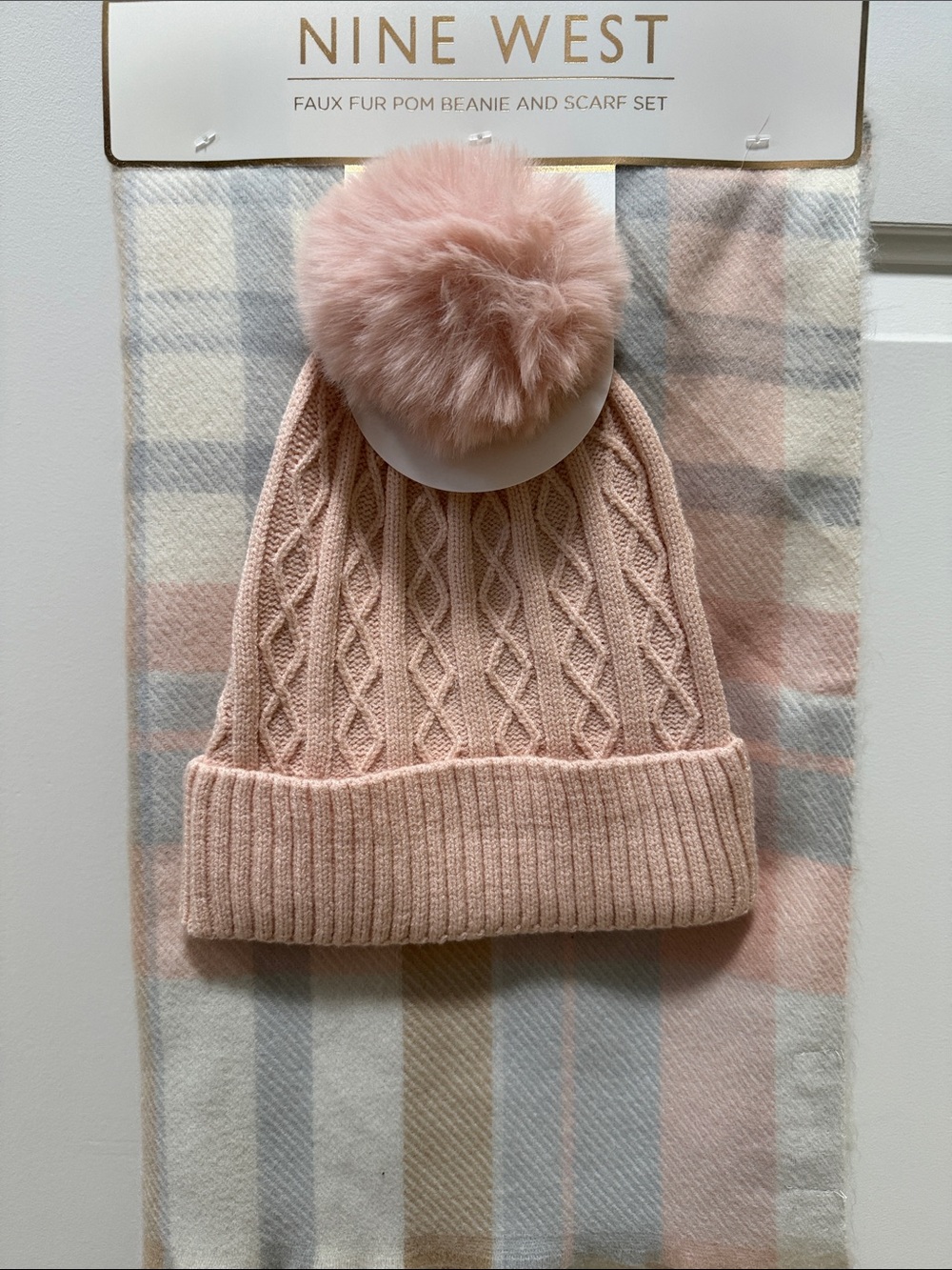 Nine West Blush Pink Cable Knit Beanie with Faux Fur Pom and matching scarf